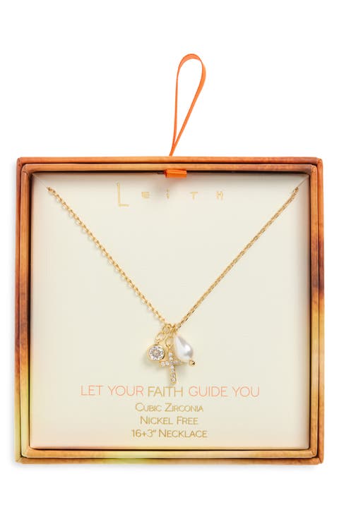Cubic Zirconia Cross & Faux Pearl Charm Pendant Necklace
