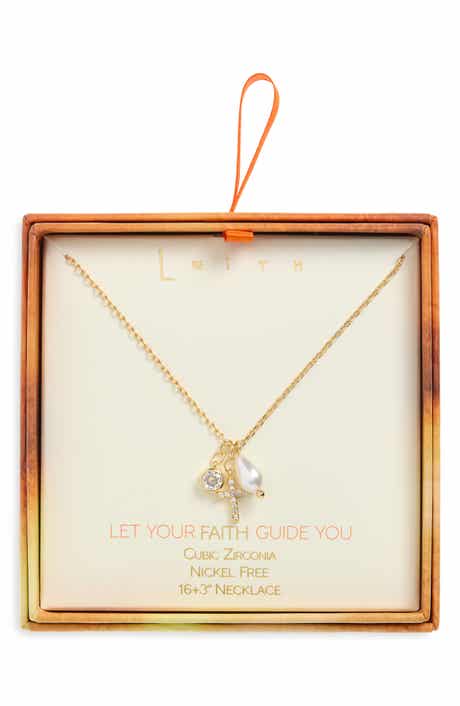 Leith Cubic Zirconia Cross & Faux Pearl Charm Pendant Necklace