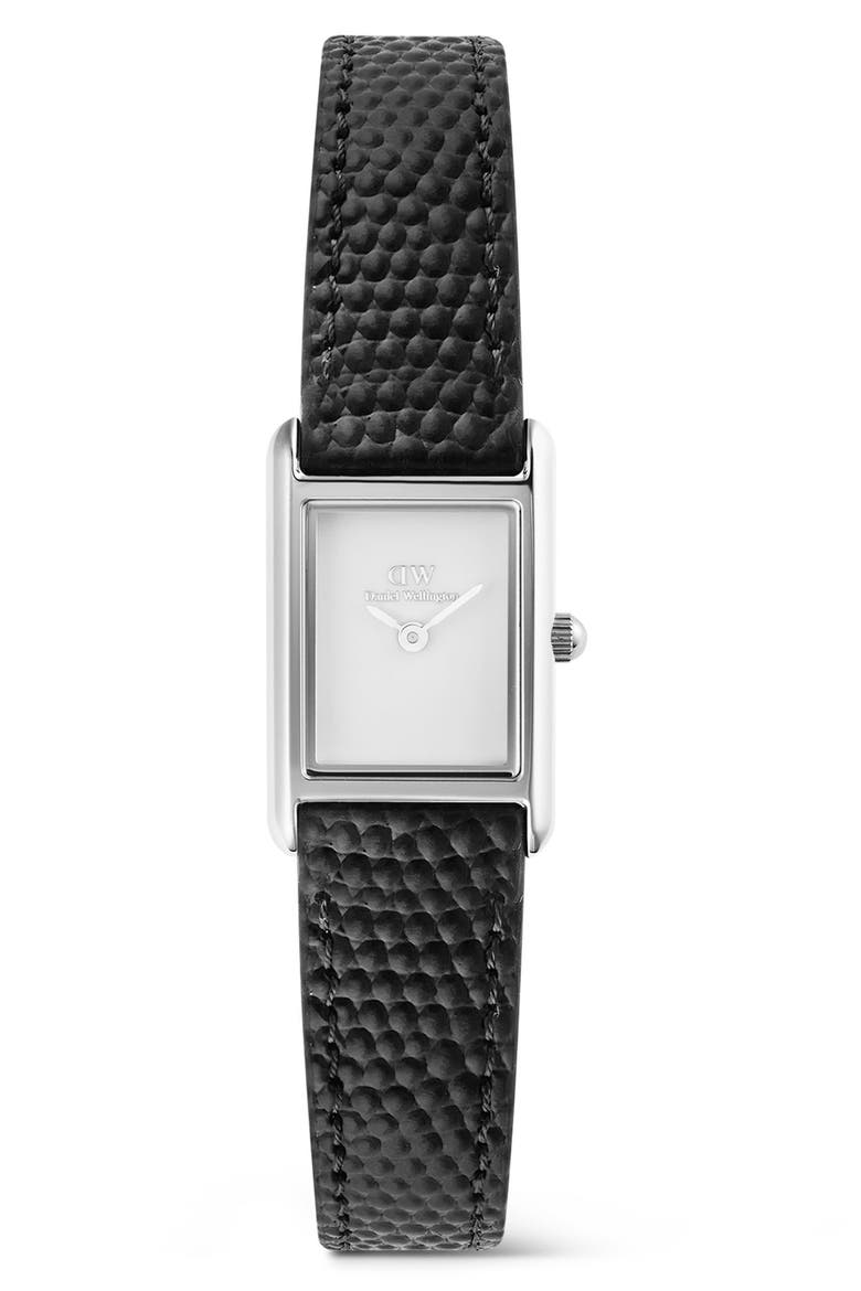 Bound Mini Tank Leather Strap Watch, 17mm x 26mm, Main, color, SILVER-TONE/ BLACK