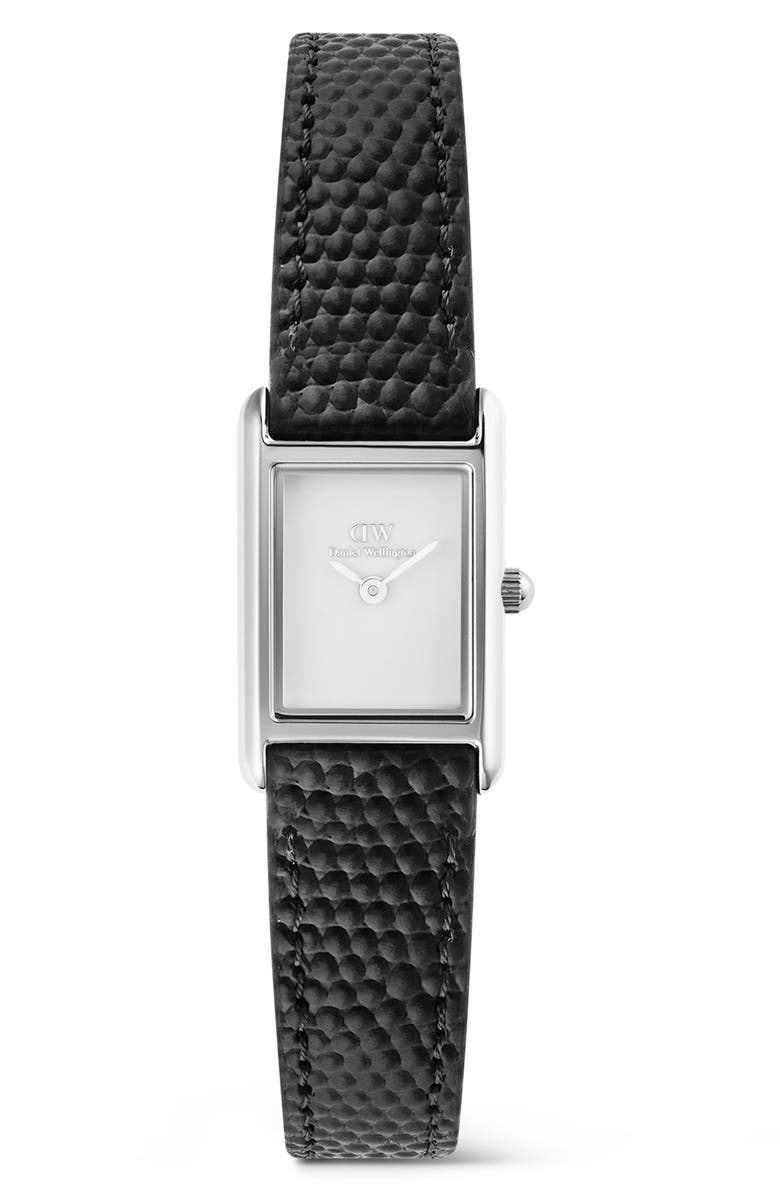 Daniel Wellington Bound Mini Tank Leather Strap Watch, 17mm x 26mm, Main, color, Silver-Tone/ Black