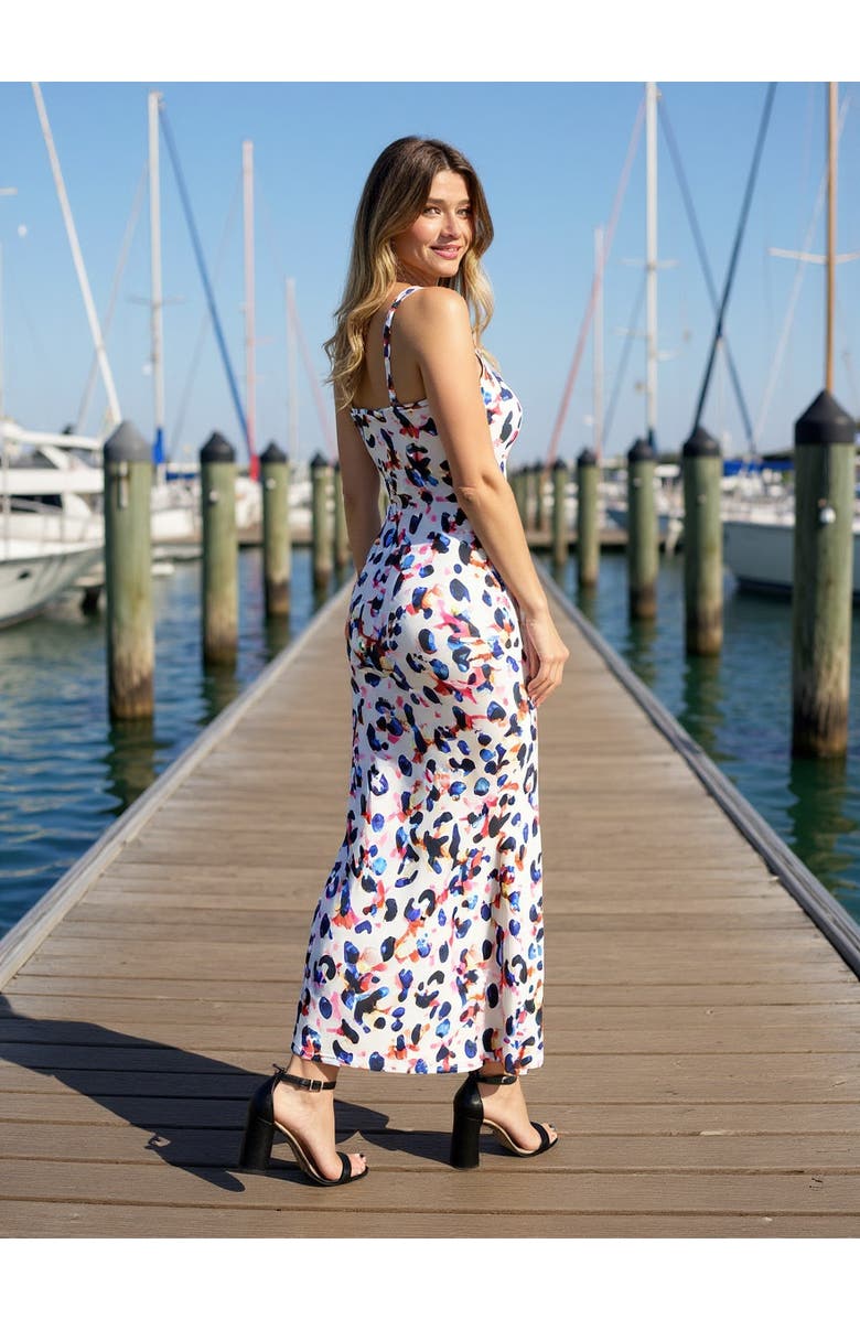 24seven Comfort Apparel Womens Abstract Scoop Neck Sleeveless Tank Racerback Maxi Dress, Alternate, color, White Multi