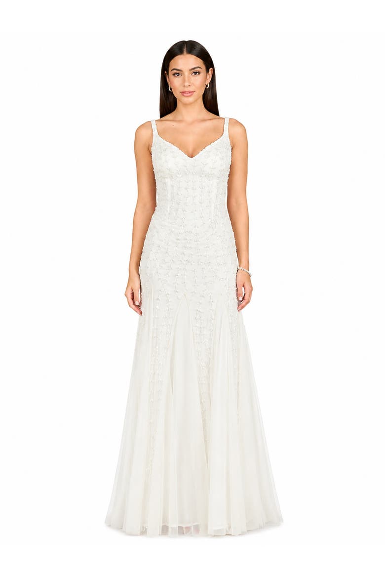 Beaded Faux-Wrap V-Neck Bridal Gown, Main, color, Ivory