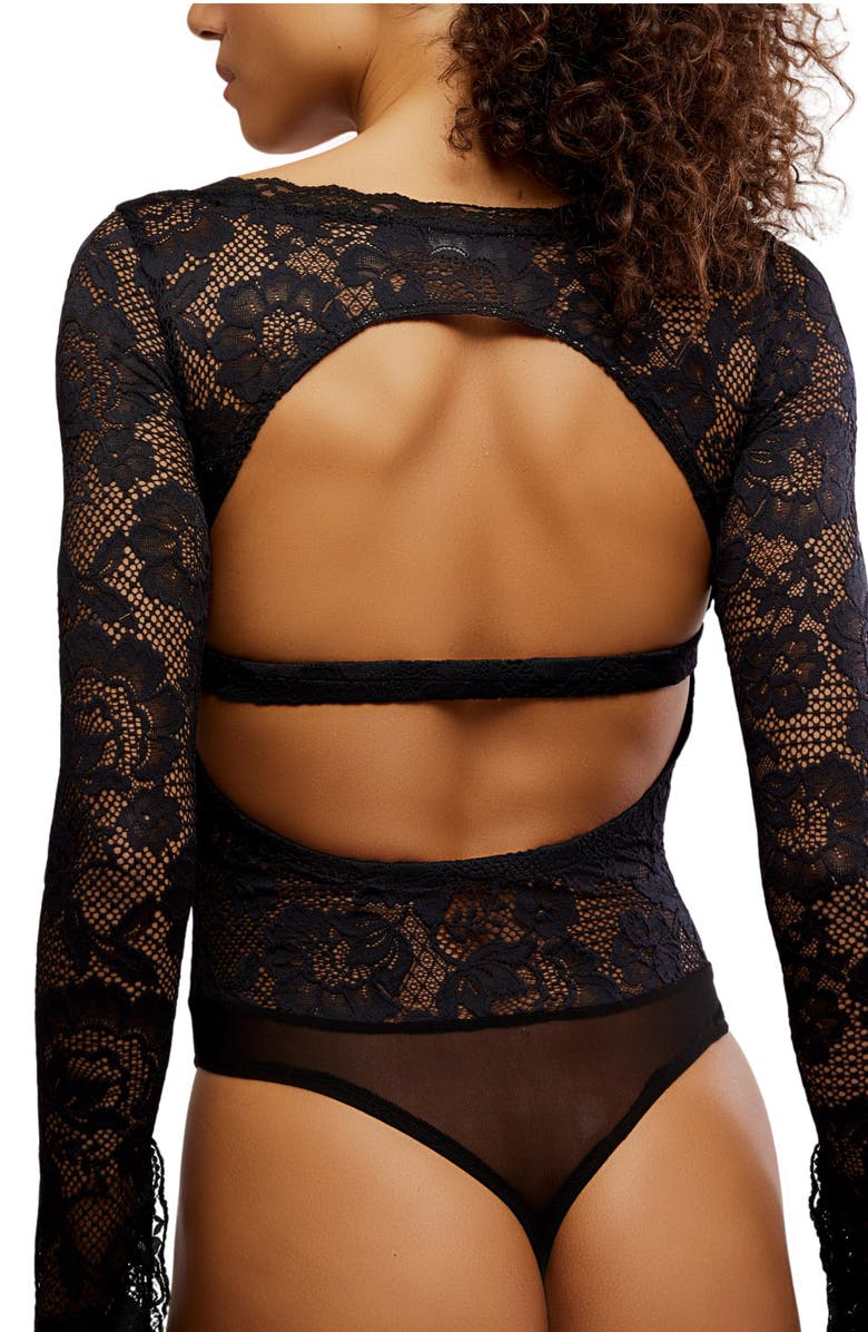 Free People Perfectly Fine Long Sleeve Lace Bodysuit, Alternate, color, Black