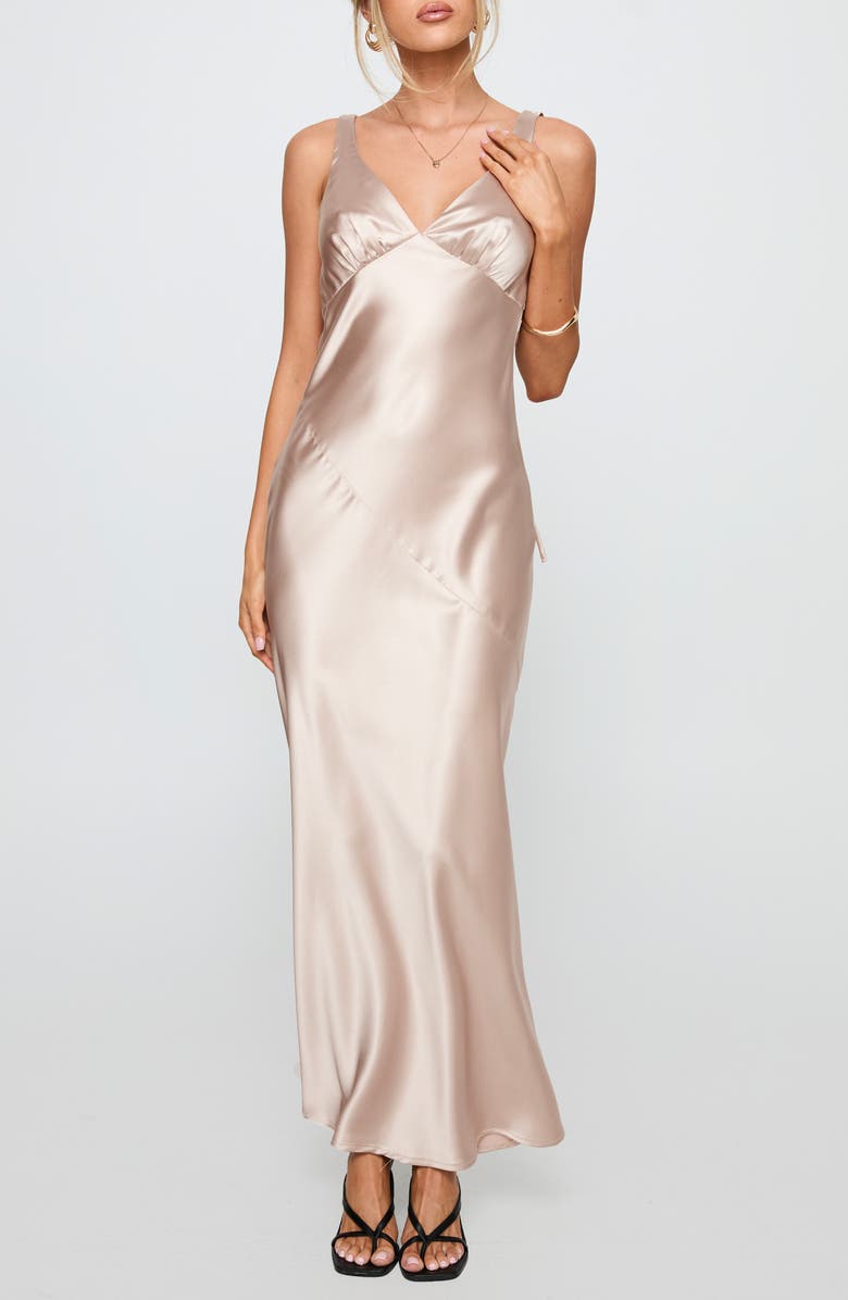 Princess Polly Northern Star Open Back Satin Gown, Main, color, Champagne
