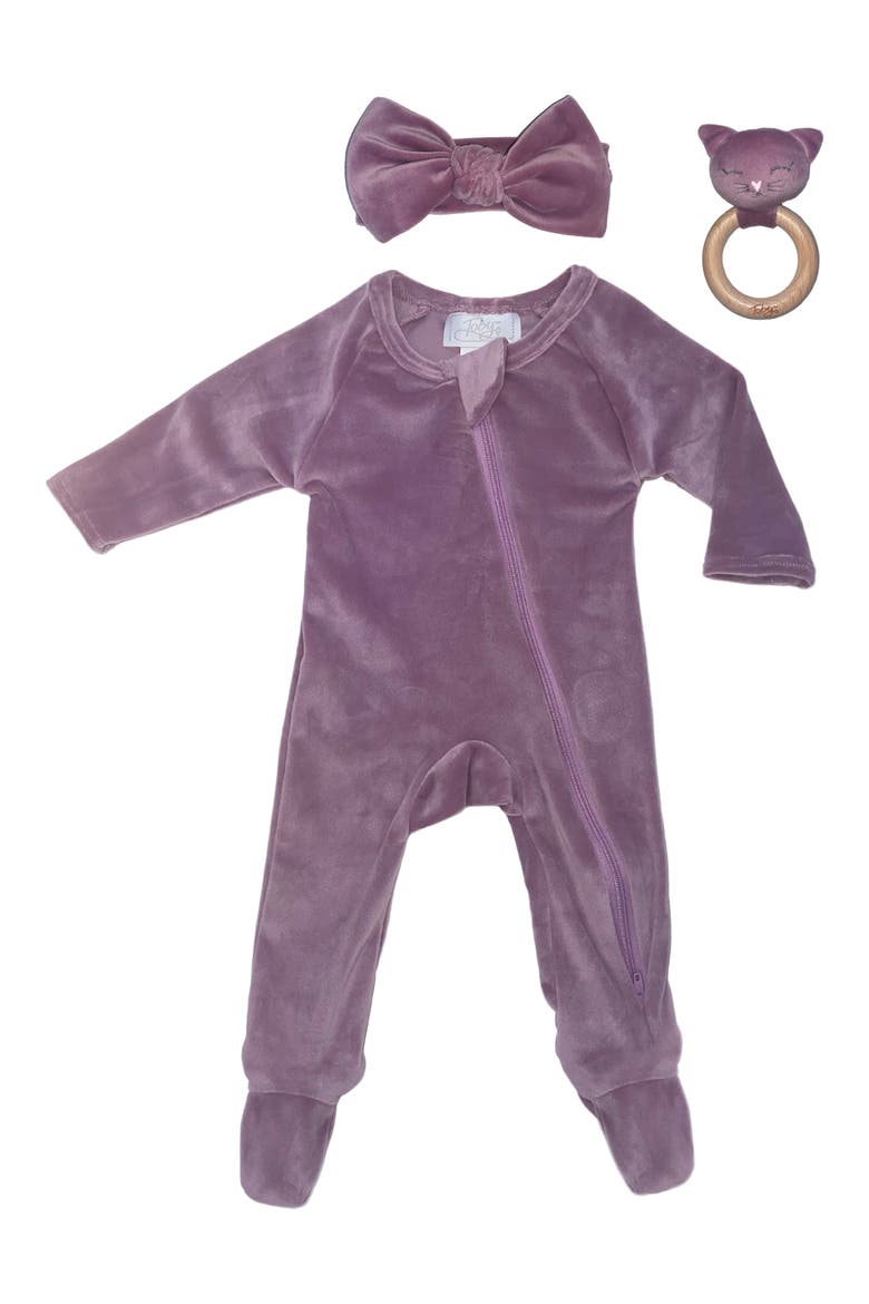 Stretchy Velvet 3-Piece Footie Set, Main, color, purple