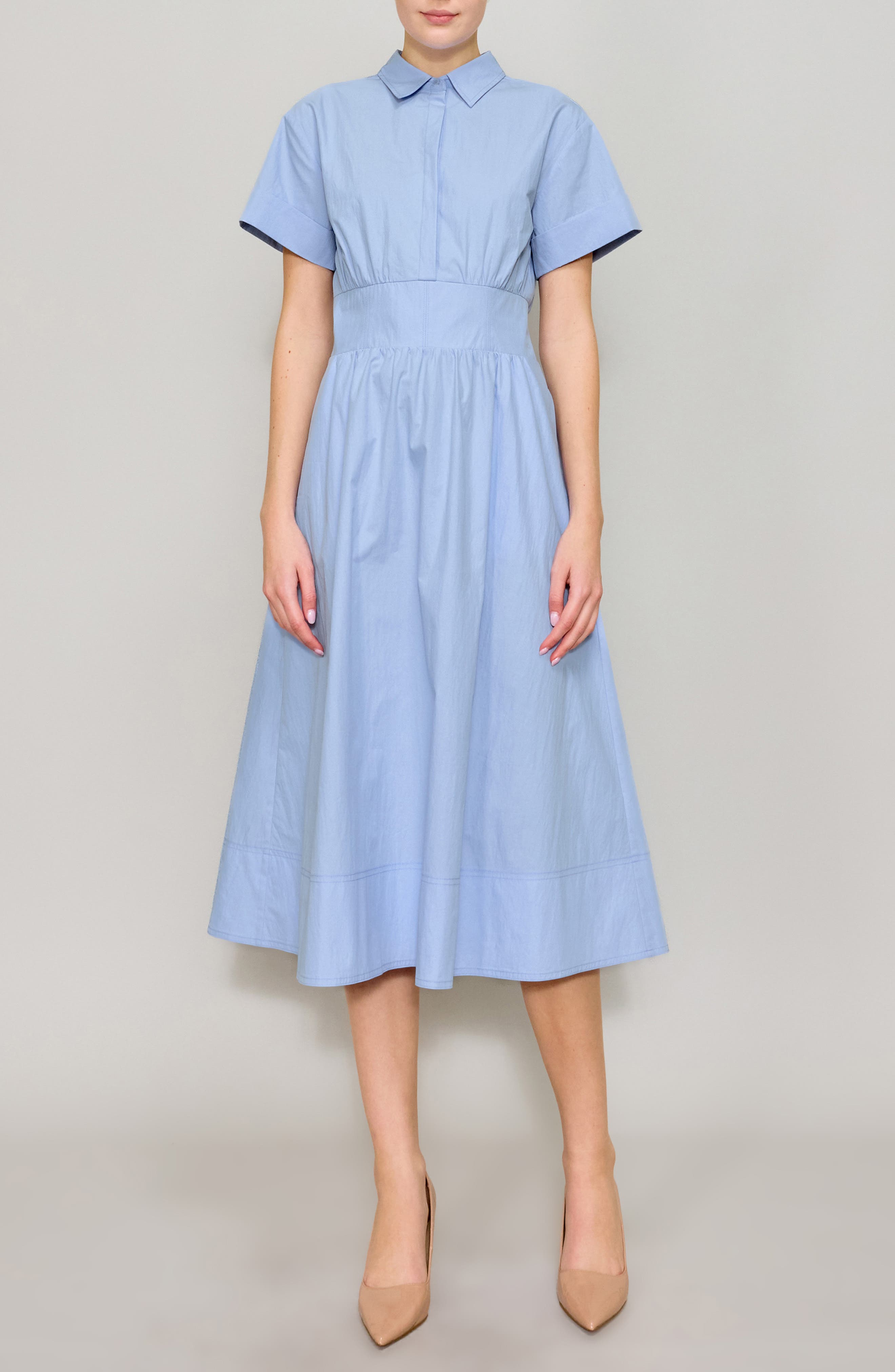 poplin dress short sleeve Button Up Pleated Linen Collar, Mavis Poplin Mini Dress in Blue, Size M,