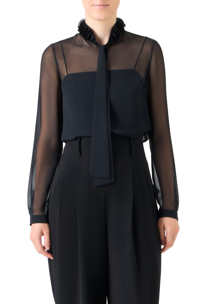 Ruffle Mock Neck Sheer Button-Up Shirt, Main, color, BLACK