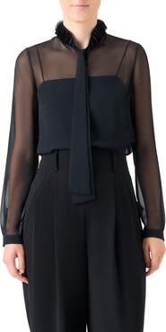 Akris punto Ruffle Mock Neck Sheer Button-Up Shirt