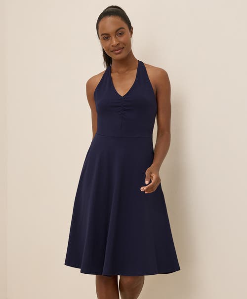 Pact Organic Cotton Fit & Flare Gathered Halter Dress In Blue