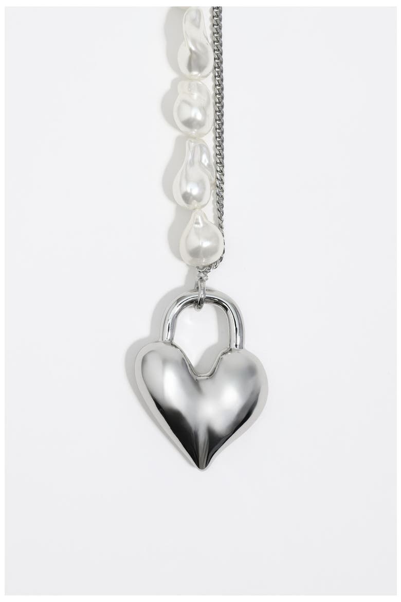Padlock Heart And Pearl Necklace, Alternate, color, DARK SILVER