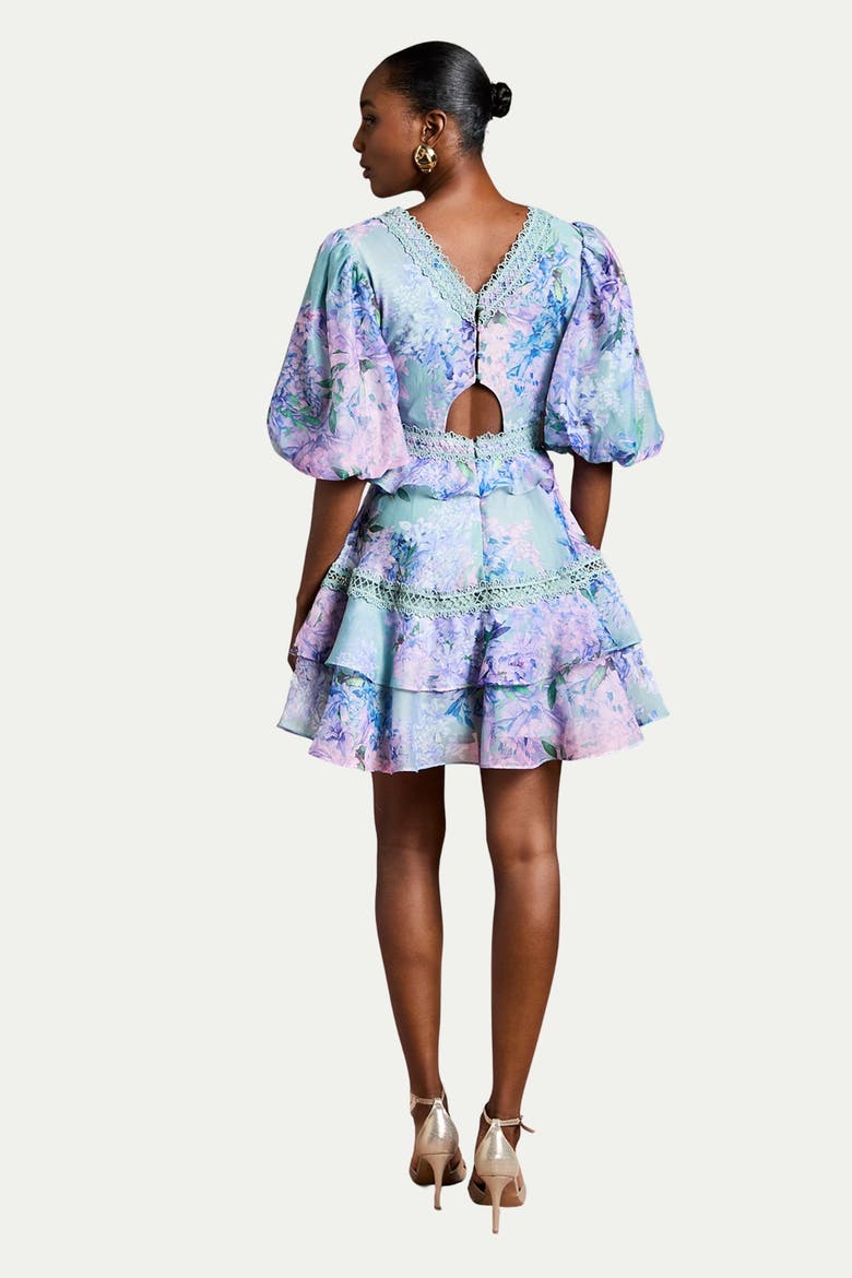 Lace Trim Puff Sleeve Organza Mini Dress, Alternate, color, Sage