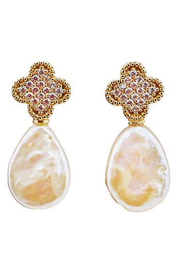 Panacea Pavé Crystal Clover Freshwater Pearl Drop Earrings In White