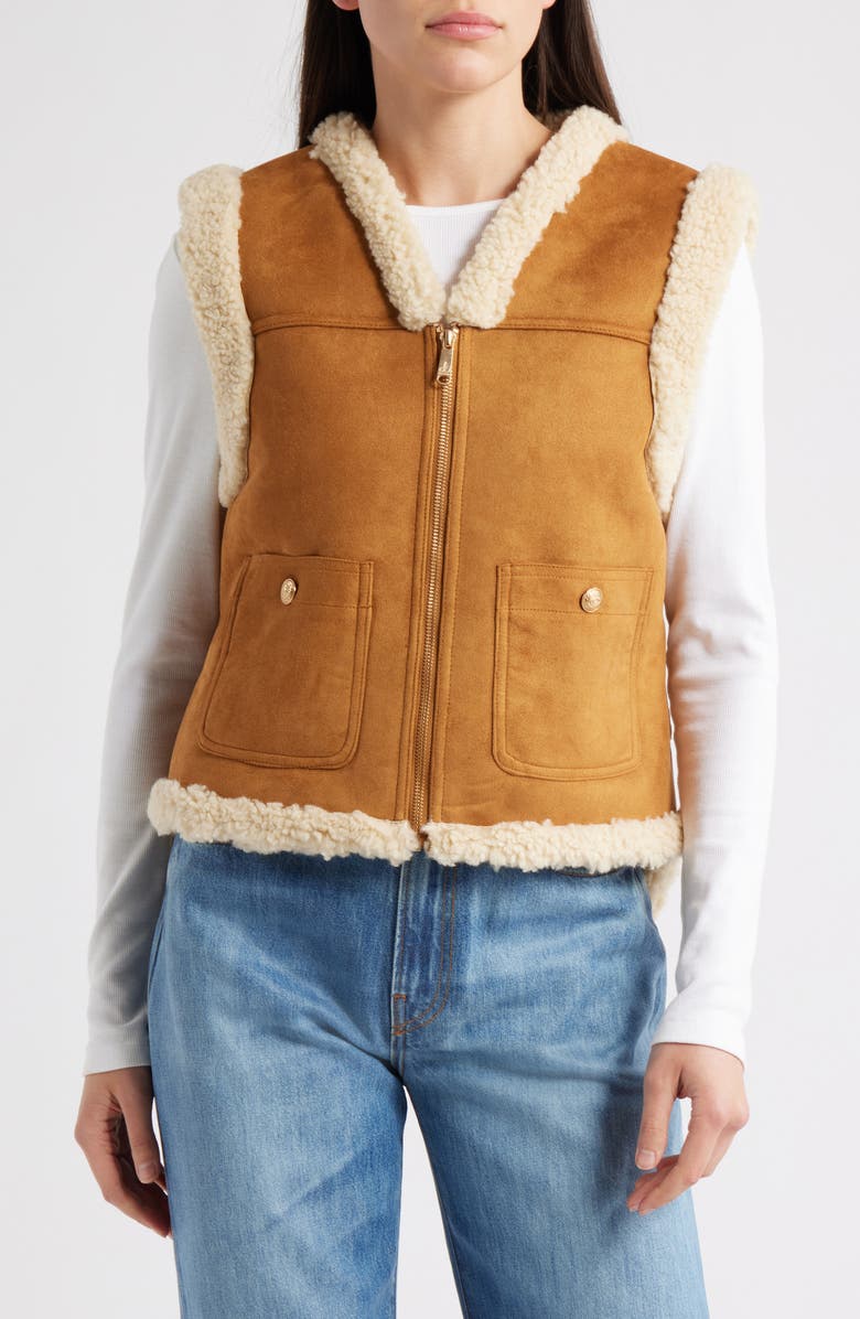 Sam Edelman Faux Suede & Faux Shearling Vest, Alternate, color, Cognac/ Ivory