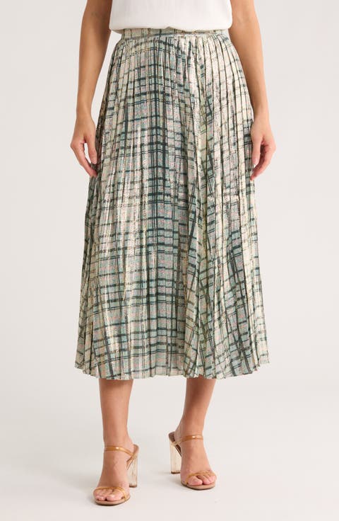 Metallic Pleated Midi Skirt
