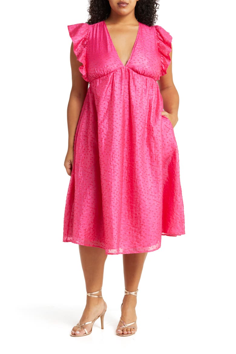 Ruffle Cap Sleeve Organza Midi Dress, Main, color, PINK PETAL