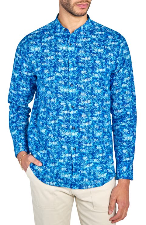 Slim Fit Abstract Leaves Linen Cotton Banded Collar Long Sleeve Shirt