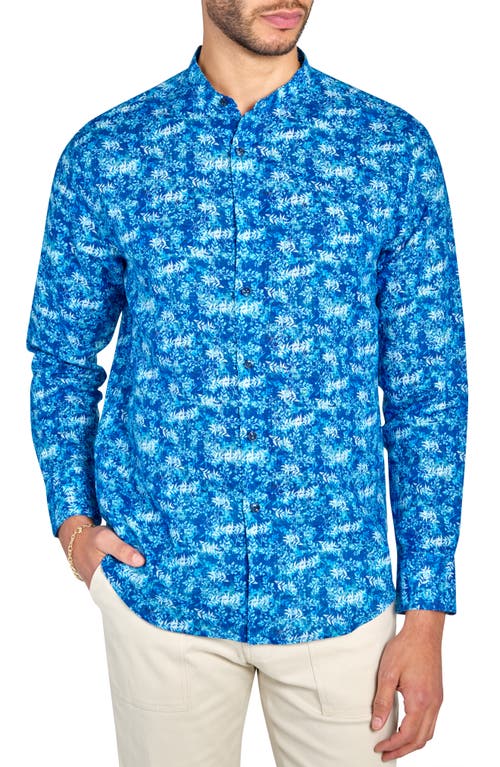 Brooklyn Brigade Abstract Leaves Mandarin Long Sleeve Shirt In Light Blue/navy