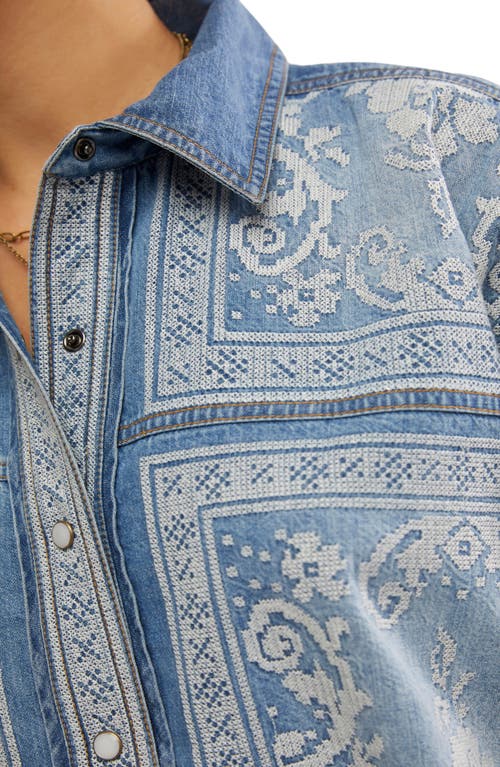 Shop Free People Embroidered Oversize Denim Snap-up Shirt In Med Rancher Wash