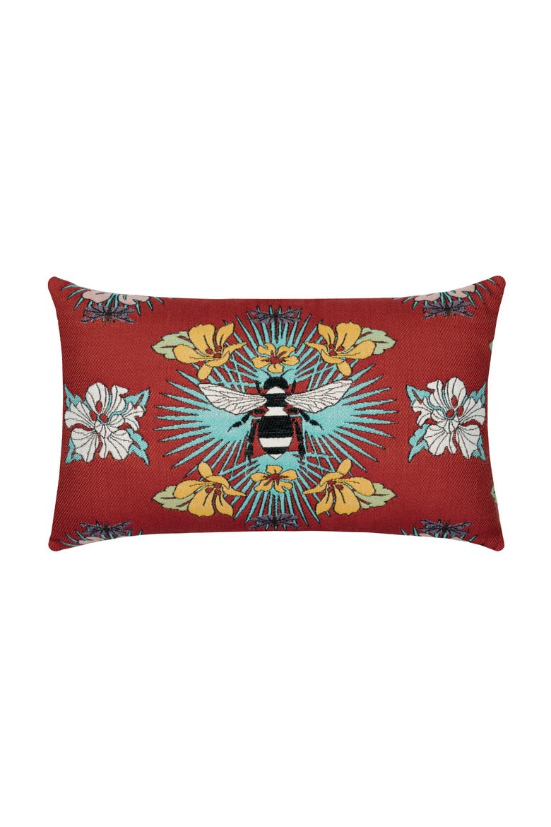 Tropical Bee Jacquard Chenille accented Indoor & Outdoor Woven Accent Pillow, Main, color, Red