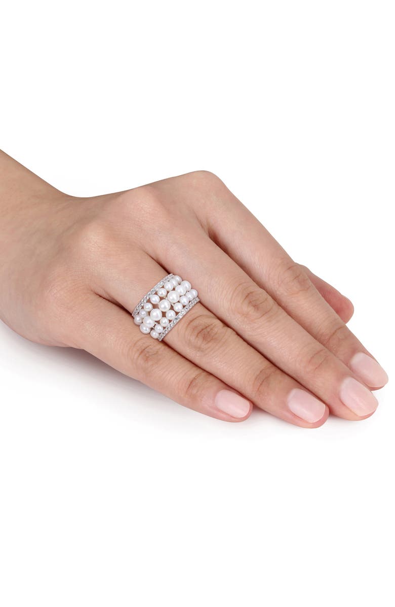 DELMAR 14K White Gold 3–3.5mm Cultured Freshwater Pearl & Lab Created White Sapphire Ring, Alternate, color, 