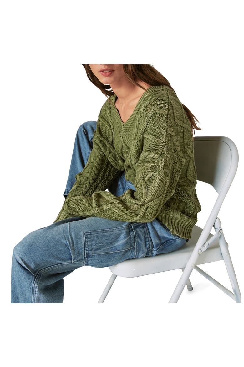Cable Stitch V-Neck Sweater, Alternate, color, CAPER GREEN AW