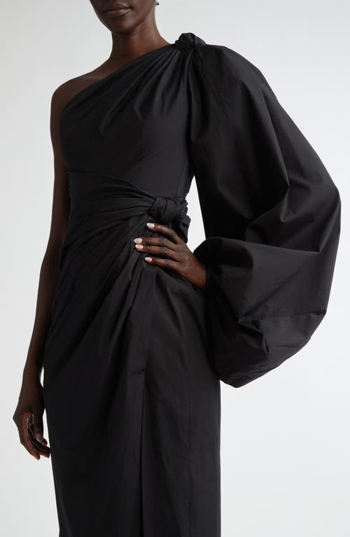 Shop Carolina Herrera One-shoulder Balloon Sleeve Stretch Cotton Midi Dress In Black