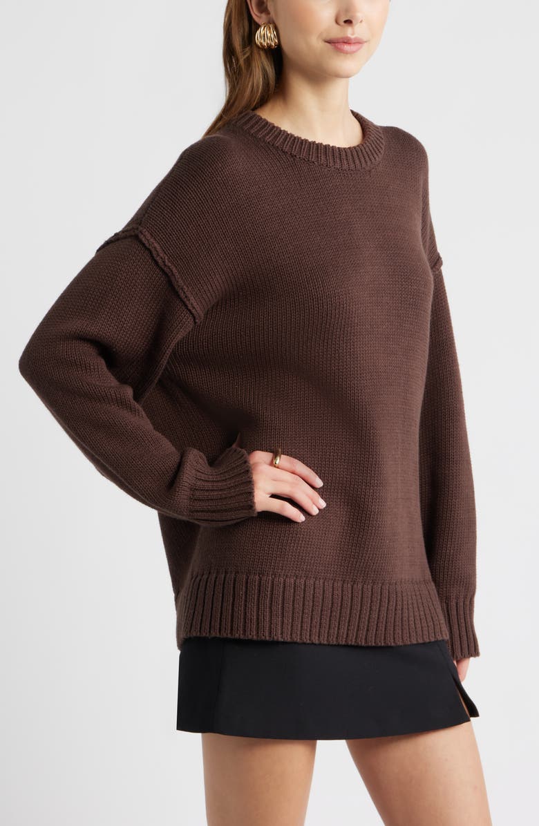 Open Edit Oversize Crewneck Cotton Sweater, Alternate, color, Brown Seal