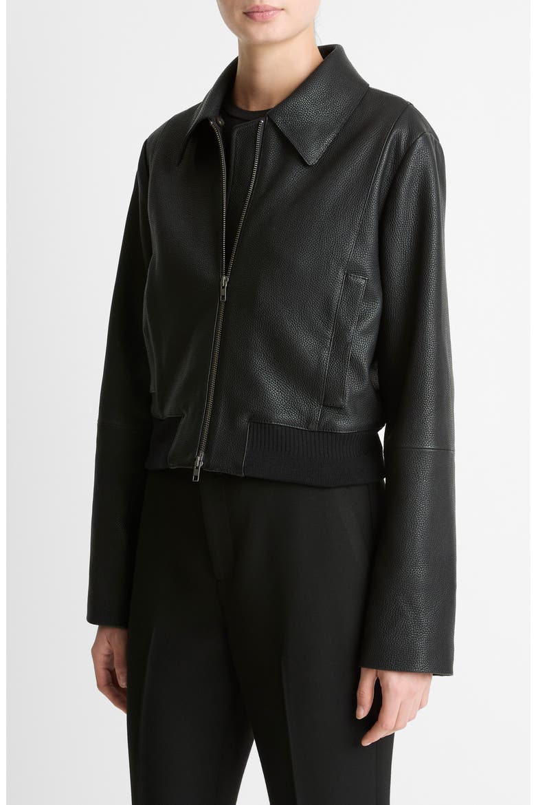 Shrunken Leather Jacket with Genuine Shearling Collar, Alternate, color, BLACK