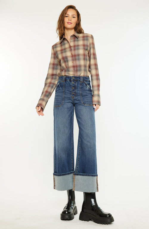 Kancan Beanie High Rise Ankle Wide Leg Jeans In Dark Wash