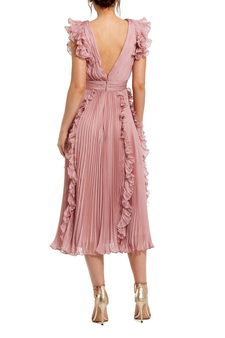 Chiffon Ruffled Midi Dress with Pleated Detailing, Alternate, color, ROSE