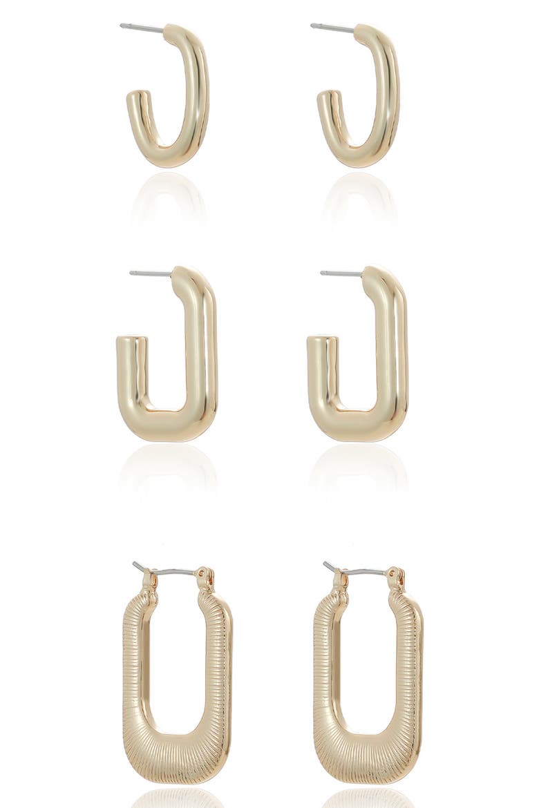 Set of 3 Elongated Huggie Hoop Earrings, Alternate, color, GOLD