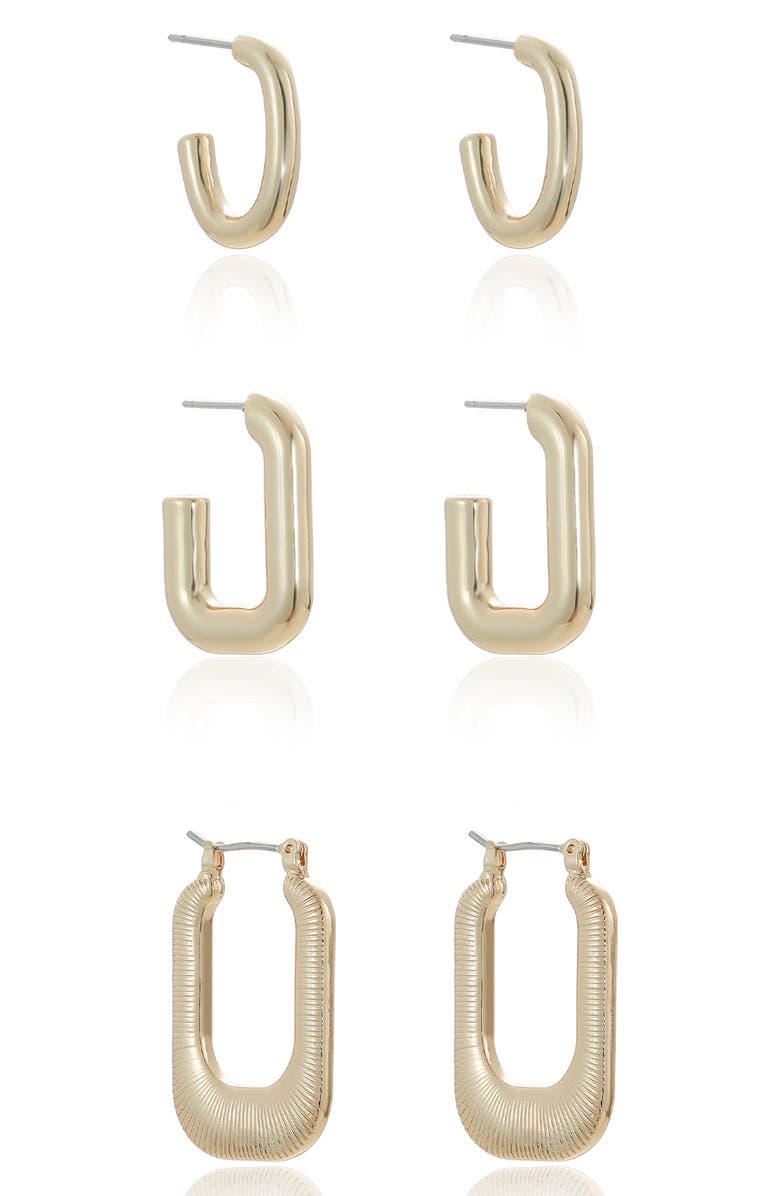 Ettika Set of 3 Elongated Huggie Hoop Earrings, Alternate, color, Gold