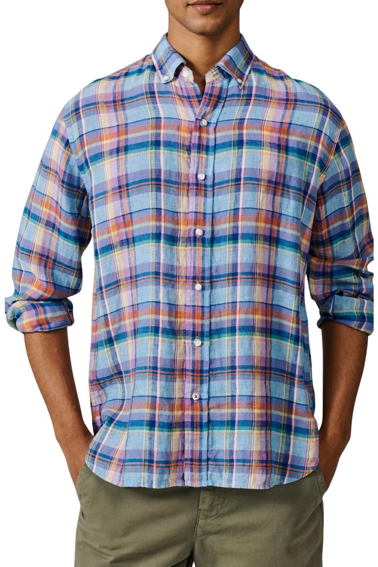Croyland Madras Button-Down Linen Shirt, Alternate, color, Bright Blue Check
