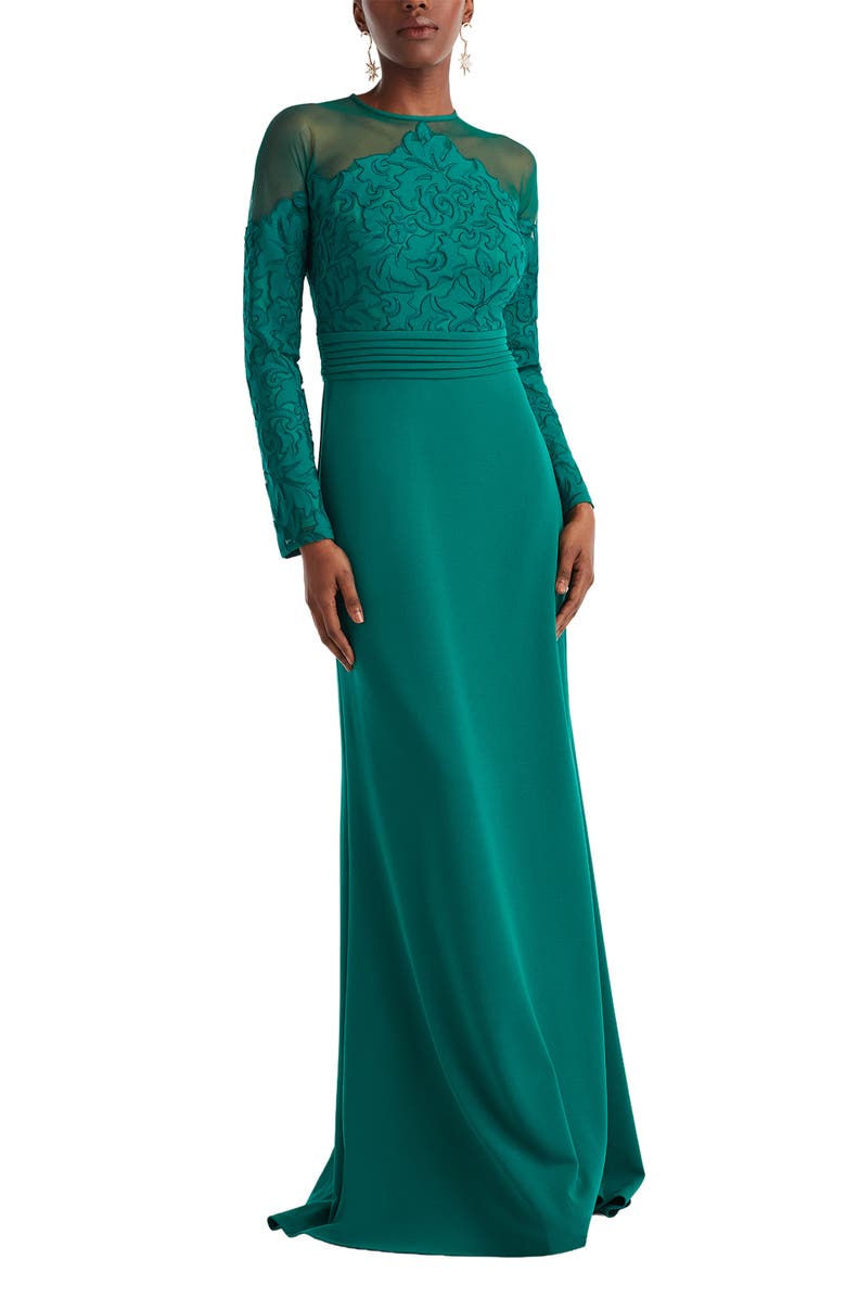 Tadashi Shoji Embroidered Illusion Lace Long Sleeve Sheath Gown, Alternate, color, Emerald