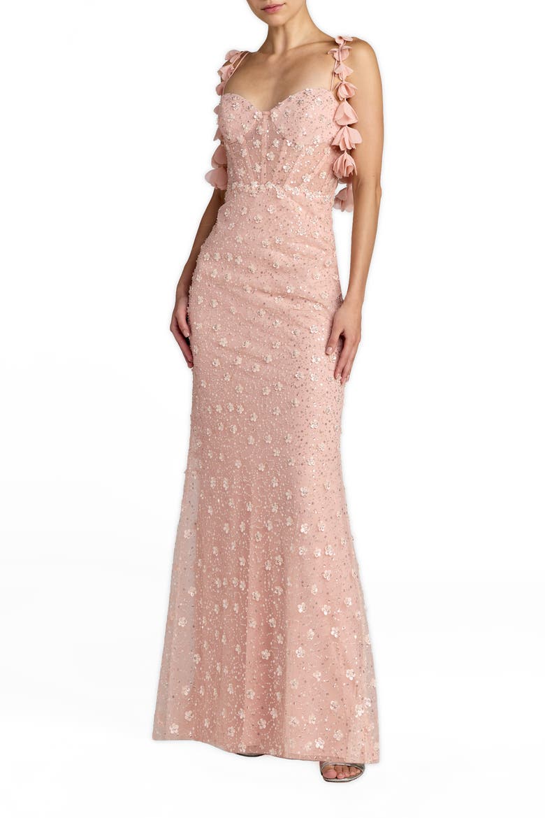 Sleeveless Sequin Column Gown With Floral Detail, Main, color, Rose Gold