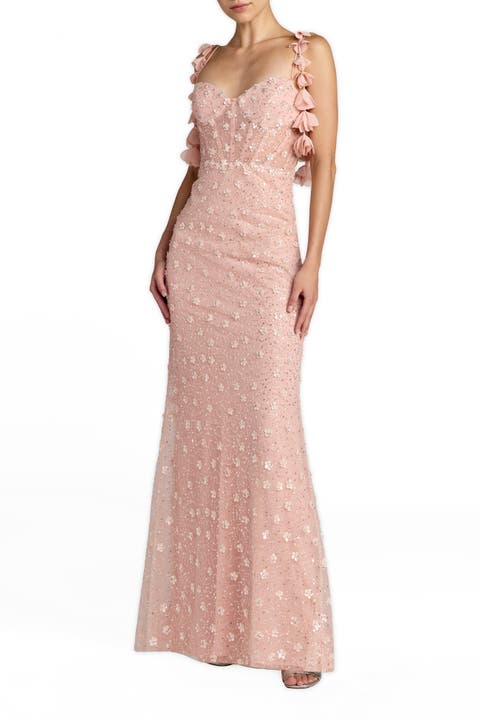 Sleeveless Sequin Column Gown With Floral Detail