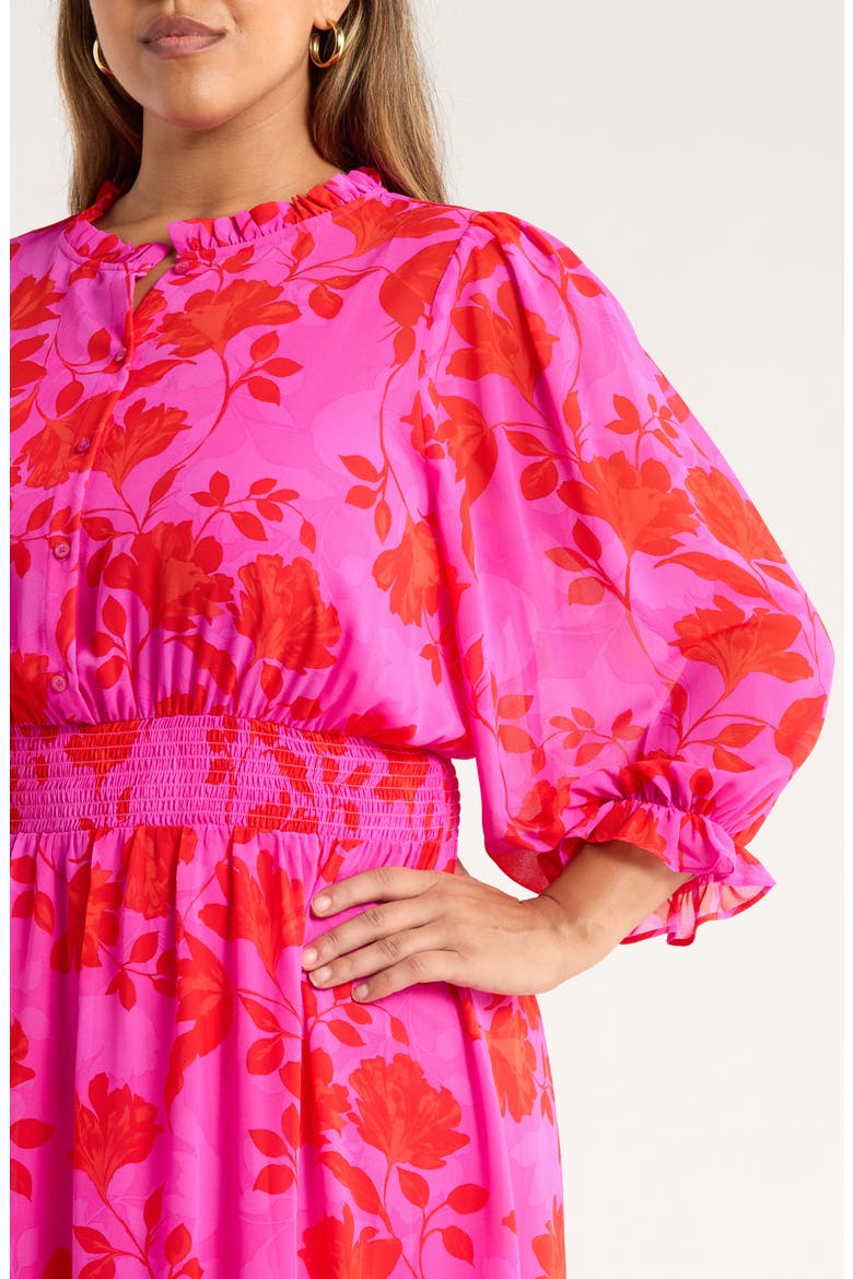 Irene Kensie Floral Long Sleeve Smock Waist Dress, Alternate, color, FUCHSIA-RED