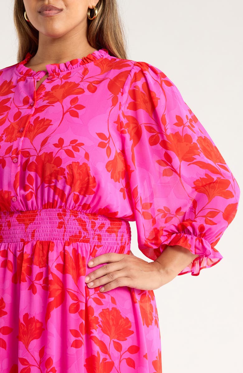 SUGARLIPS Irene Kensie Floral Long Sleeve Smock Waist Dress, Alternate, color, Fuchsia-Red