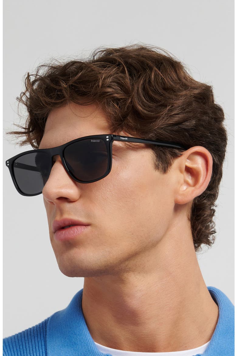 55mm Polarized Rectangular Sunglasses, Alternate, color, BLACK/ GREY PZ
