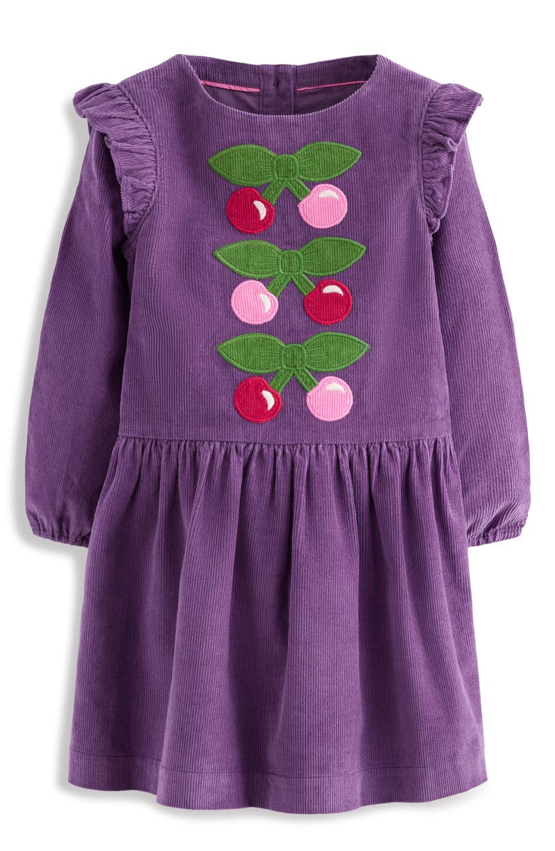 Mini Boden Kids' Cherry Appliqué Corduroy Dress, Main, color, Mystic Purple Cherries