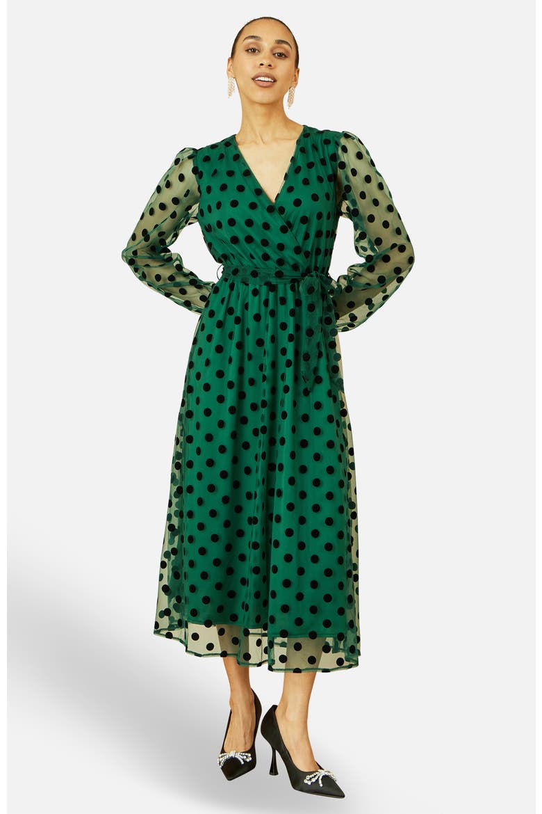 Spot Mesh Wrap Midi Skater Dress, Main, color, Green