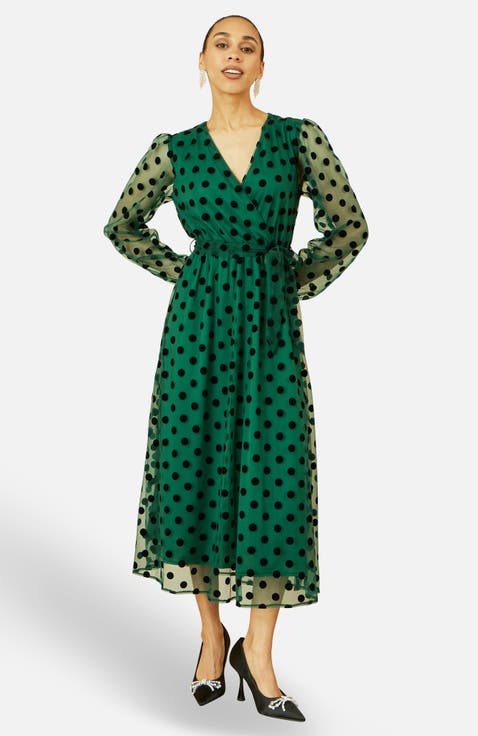 Spot Mesh Wrap Midi Skater Dress