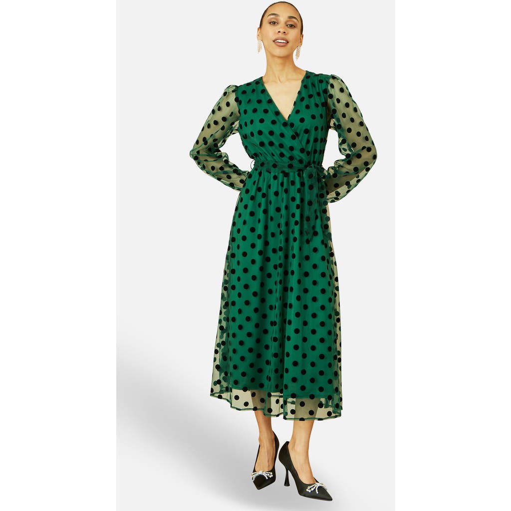 Yumi Spot Mesh Wrap Midi Skater Dress In Green