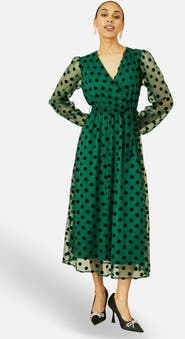Yumi Spot Mesh Wrap Midi Skater Dress