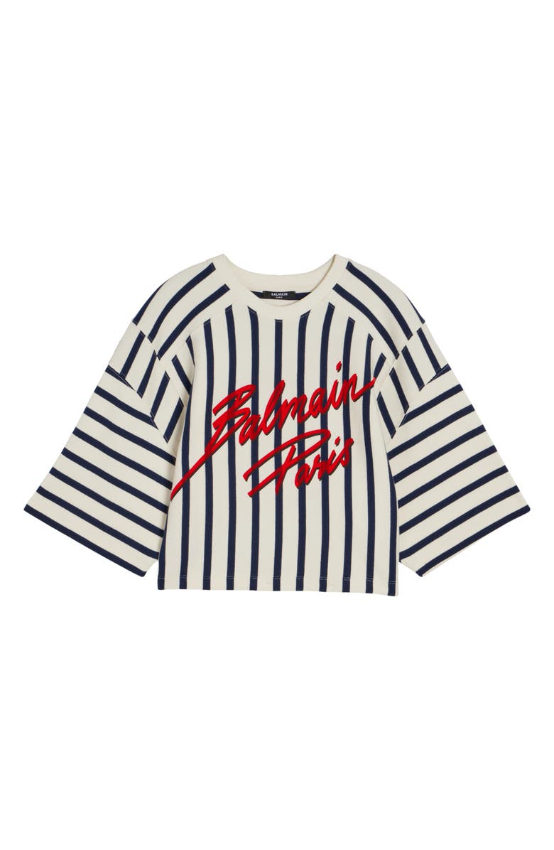 Balmain Baseball Stripe Crop Sweater, Alternate, color, 