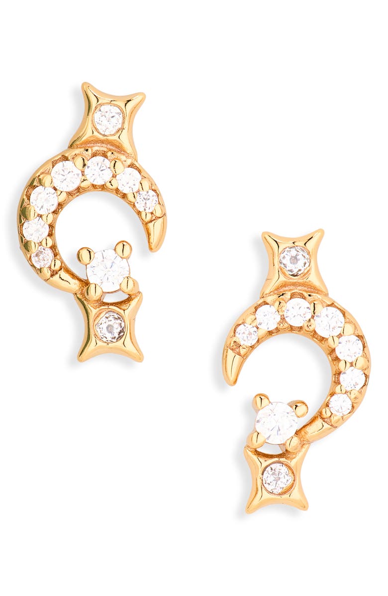 Astrid & Miyu Pavé Crystal Star & Moon Stud Earrings Christmas Cracker, Main, color, Gold