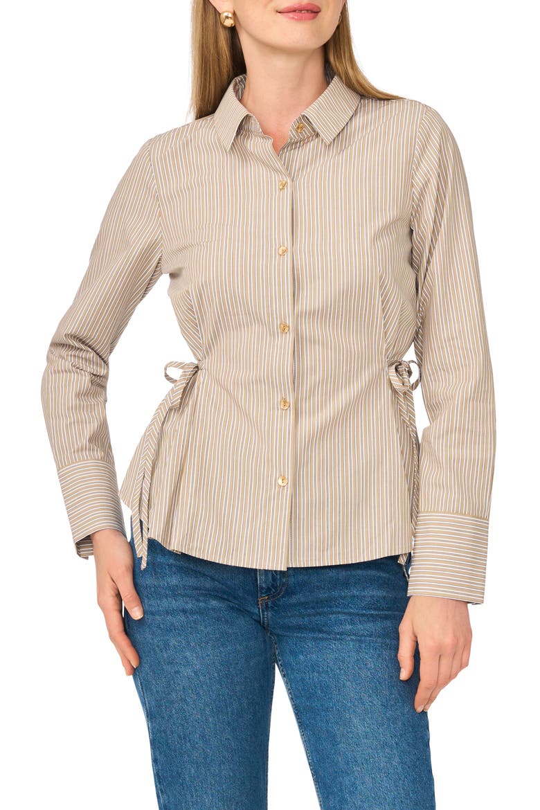 Striped Long Sleeve Button-Up Shirt with Side Ties, Alternate, color, HUMUS