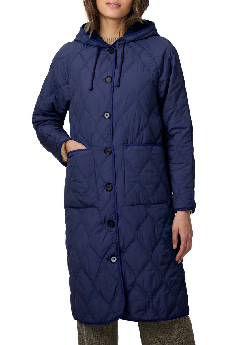 Bernardo Diamond Quilted Hooded Coat, Main, color, Navy