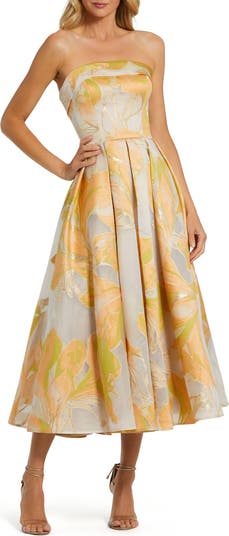 Strapless Floral Print Brocade Midi Dress