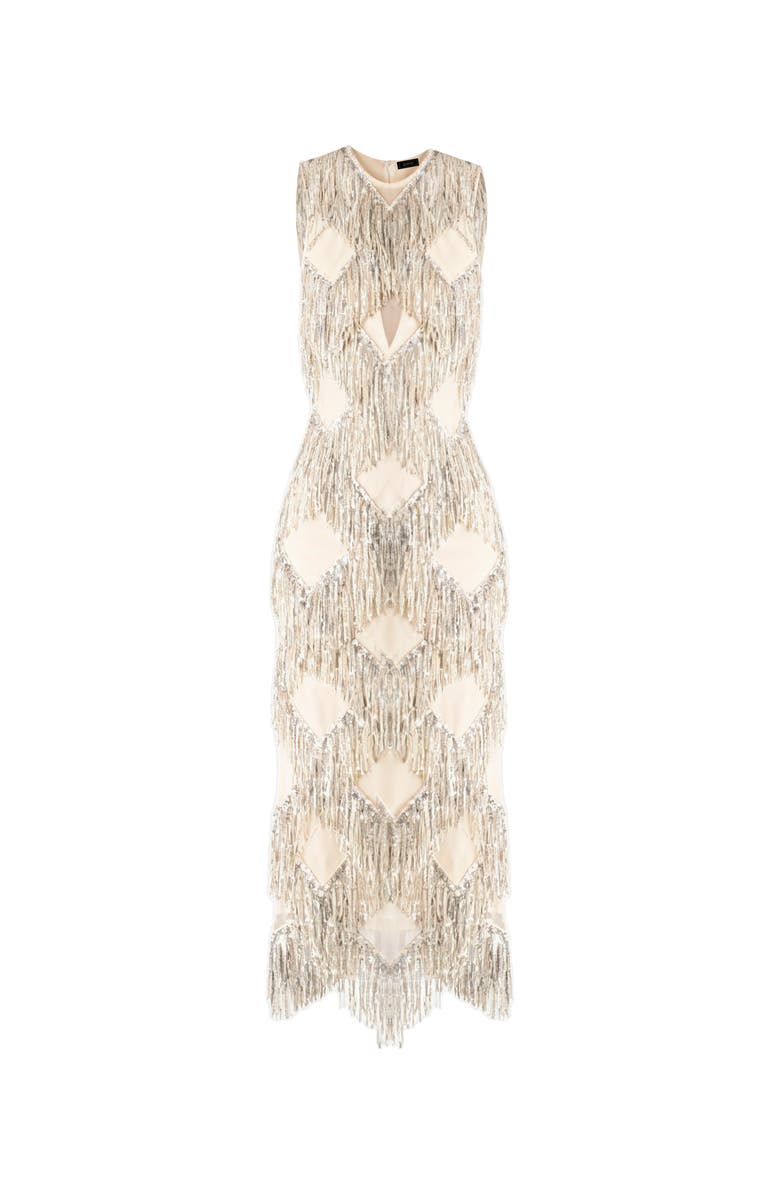 IVONNE Deco Shimmer Fringe Midi Dress, Alternate, color, Silver
